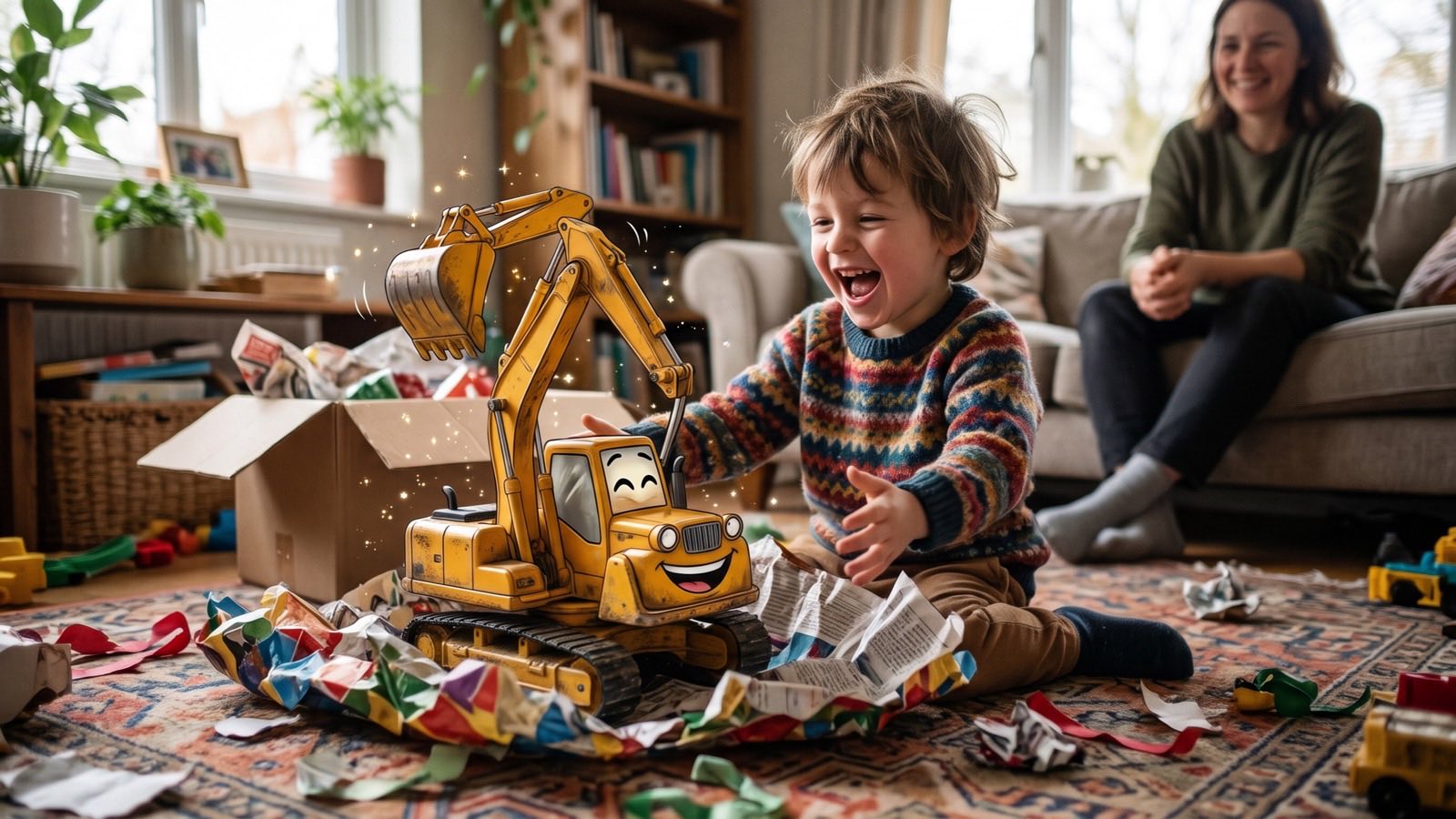 A boy cheers as he unwraps a yellow toy excavator on the living-room floor, while an adult smiles from the sofa