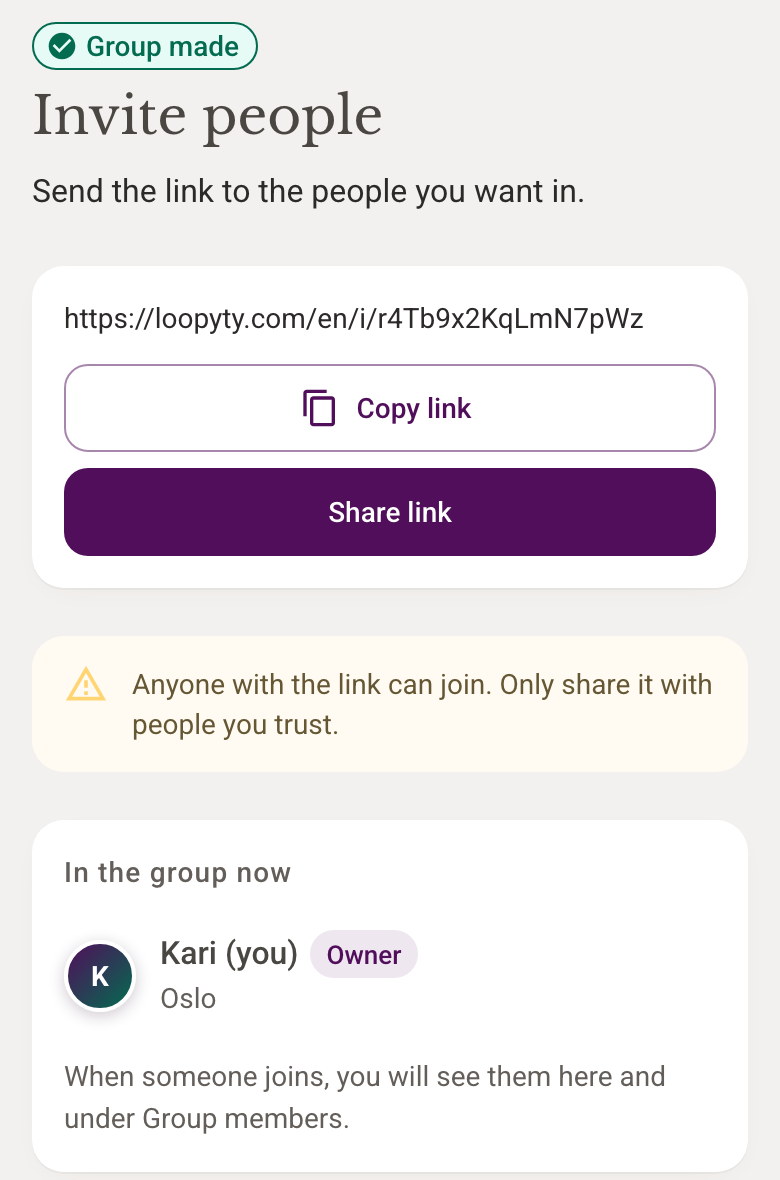 Screenshot: an invitation to a Loopyty group, with a link to share with neighbours and friends