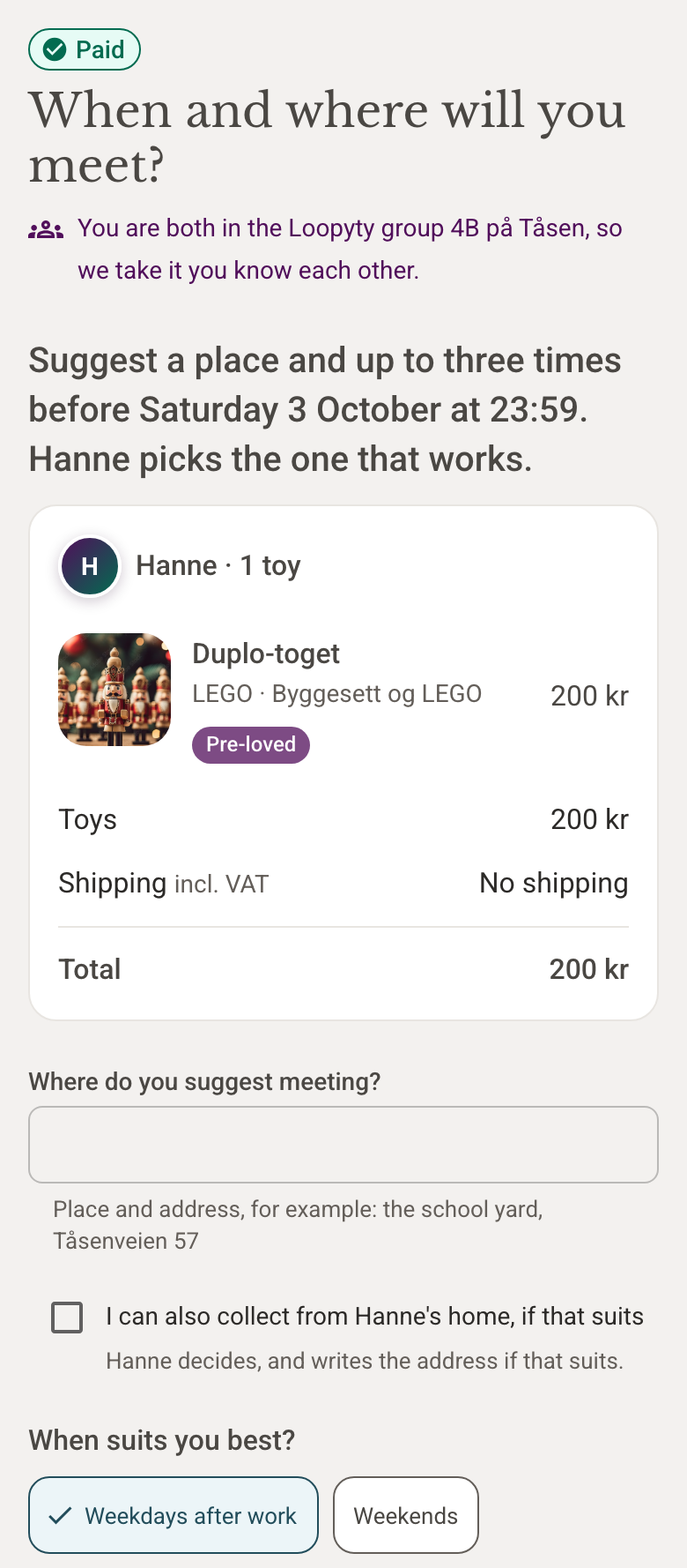 Screenshot: buyer and seller agree a time and place to hand over a pre-loved toy in Loopyty