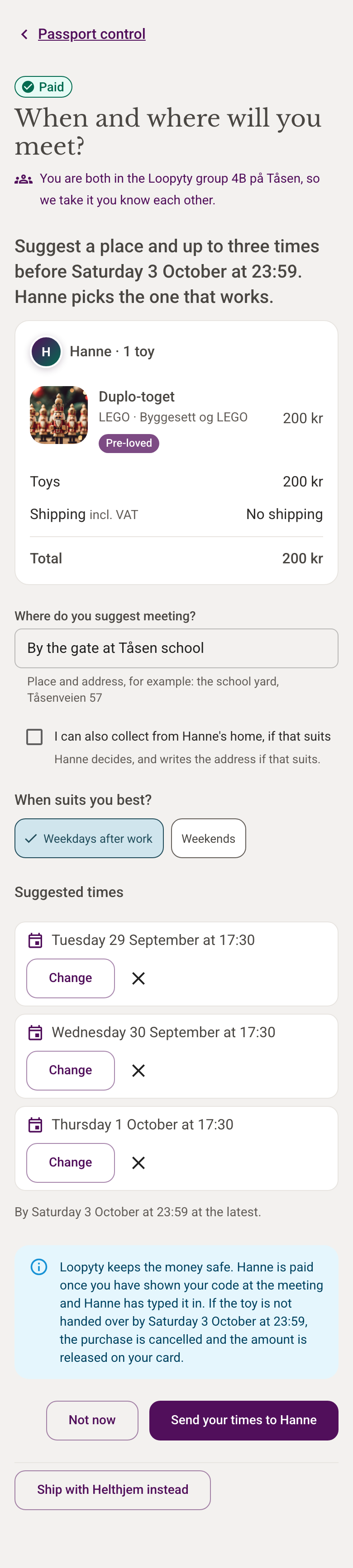 Screenshot: the buyer suggests a place and three times to hand over a pre-loved toy in Loopyty