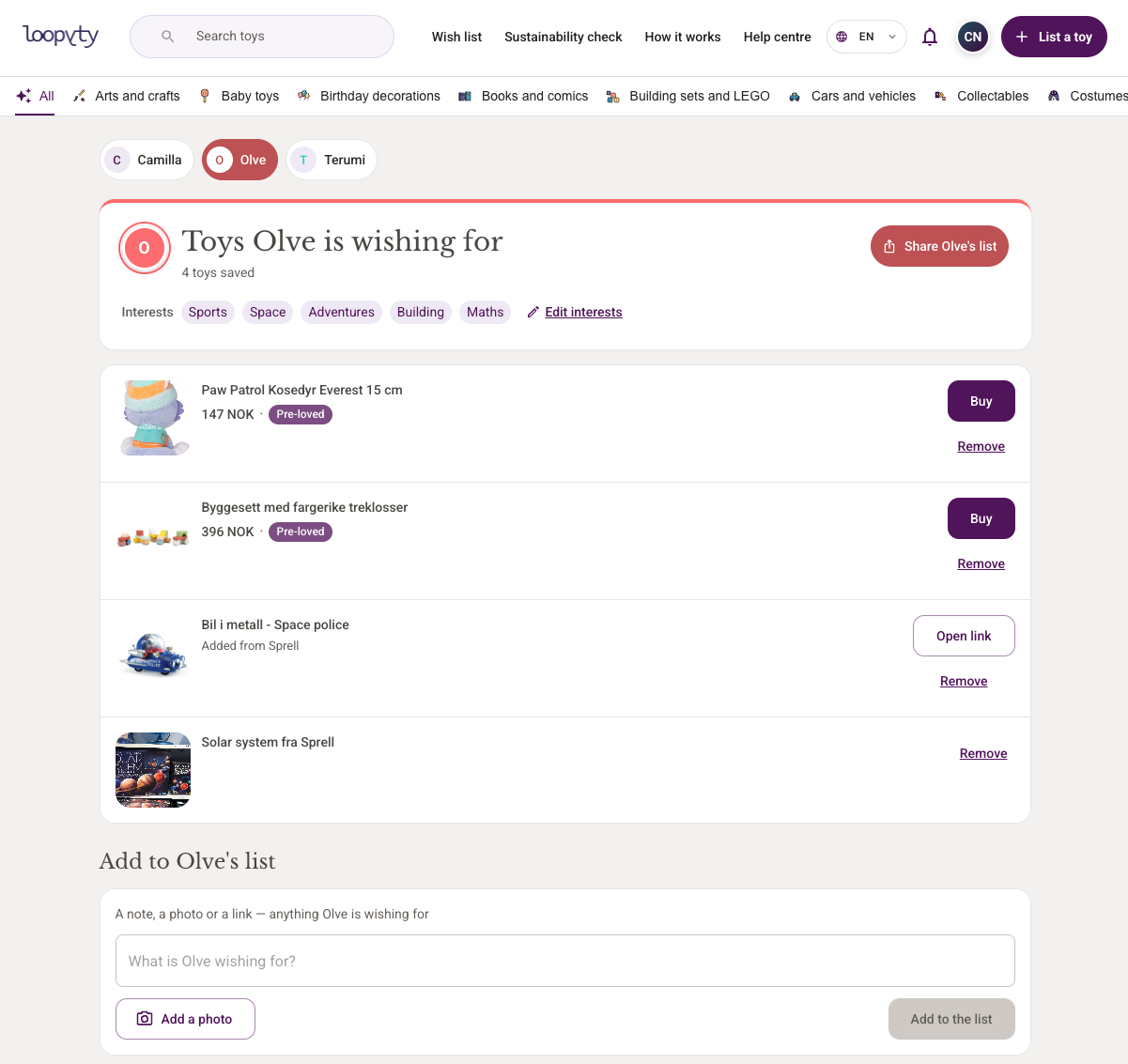 A child's wish list on Loopyty — "Olve's wishes", with pre-loved toys, notes and photos, and a Share button