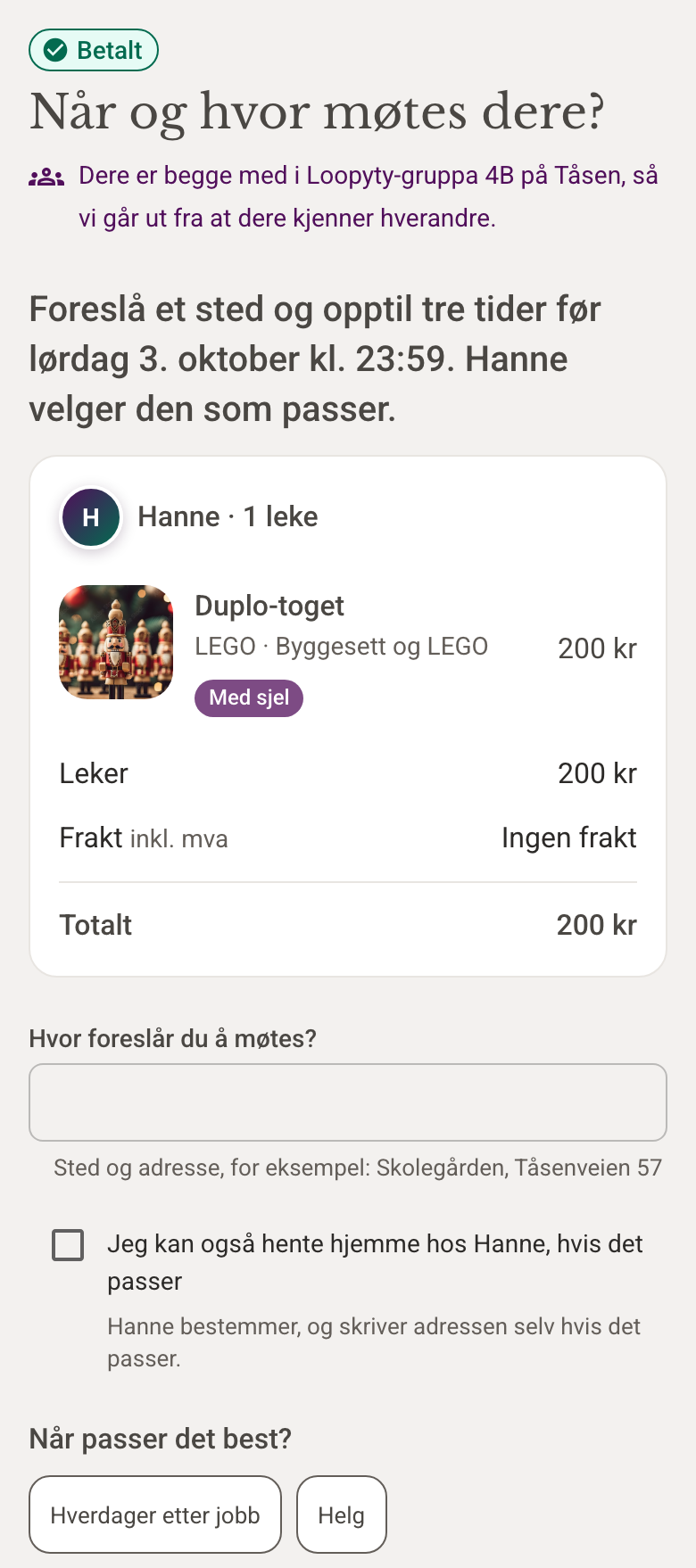 Skjermbilde: kjøper og selger avtaler tid og sted for å overlevere en brukt leke i Loopyty