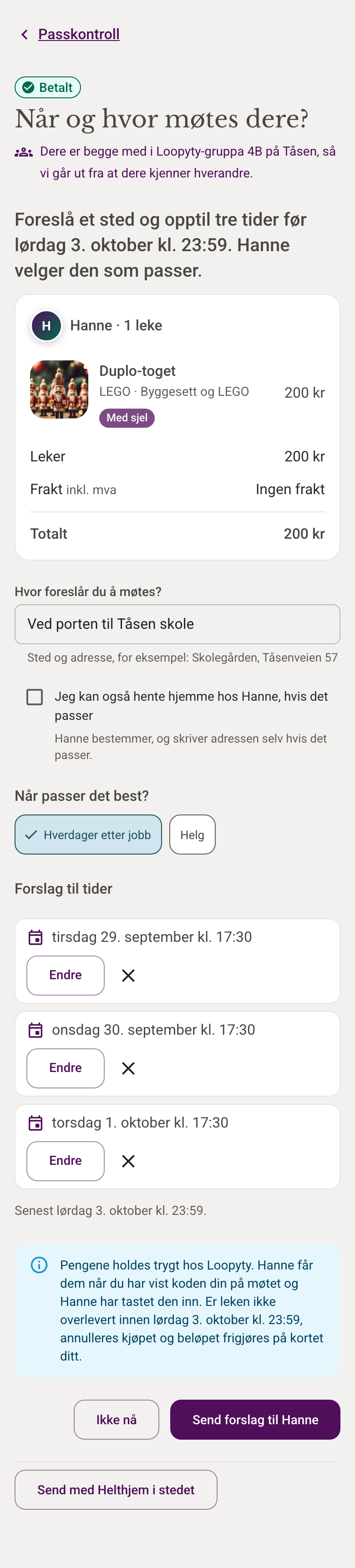 Skjermbilde: kjøperen foreslår et sted og tre tider for å overlevere en brukt leke i Loopyty
