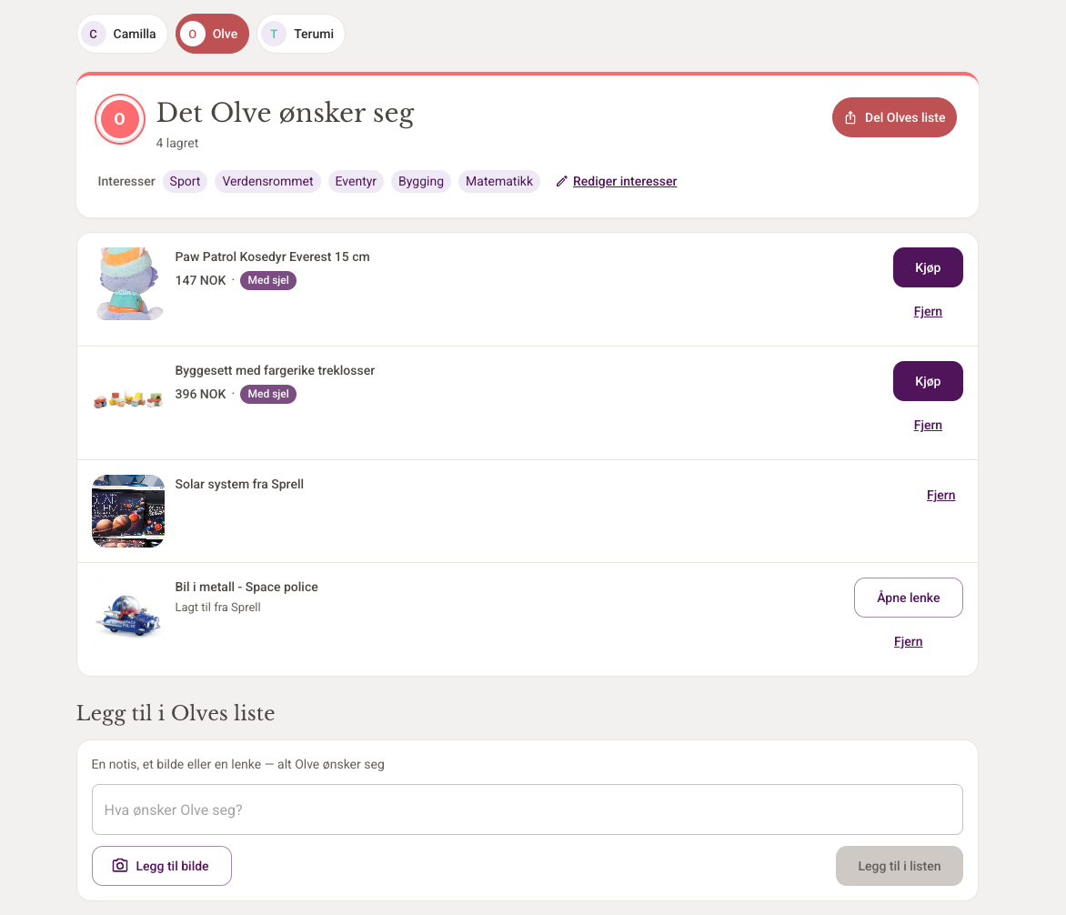 Et barns ønskeliste på Loopyty — «Det Olve ønsker seg», med brukte leker, notiser og bilder, og en Del-knapp